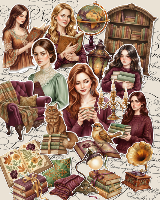 Set of 17 of Vintage aesthetic stickers featuring cozy bookish girls in earthy tones for journaling| Scrapbooking | Crafts| Hand Arts •