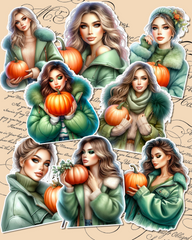 Chic autumn girls with pumpkins for Journaling, le scrapbooking, crafts , Hand Arts.