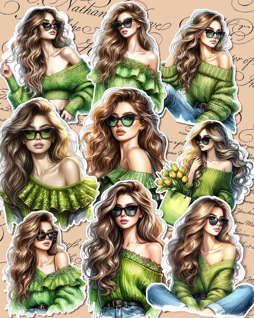 Set of 9 Autumn Beautiful girls wearing green pull-overs  for journaling, Scrapbooking, Crafts, HandArts.