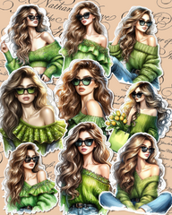 Set of 9 Autumn Beautiful girls wearing green pull-overs  for journaling, Scrapbooking, Crafts, HandArts.