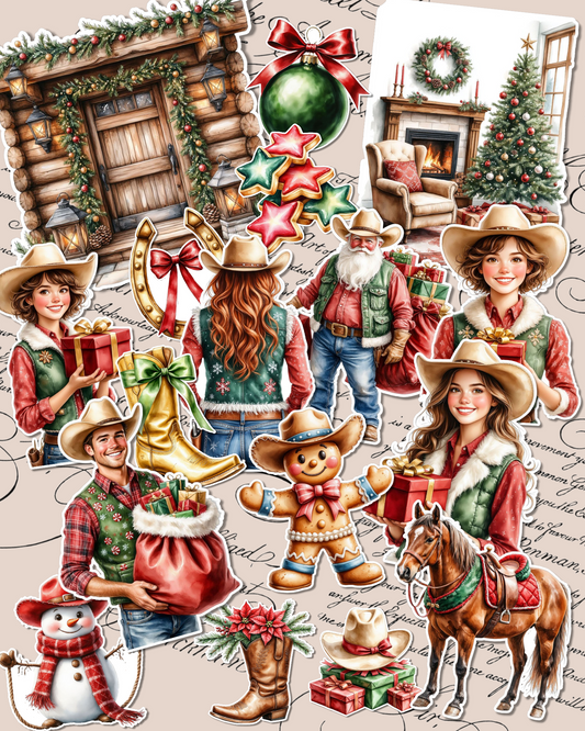 Lot of 17 Festive cowboy-themed Christmas stickers for journaling| Scrapbooking | Crafts| Hand Arts •