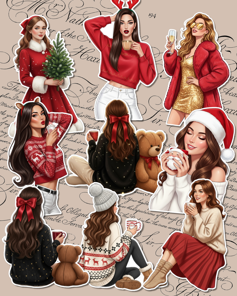 Set of Happy Christmas Girls stickers for Journaling, Scrapbooking, Crafts,plannings.