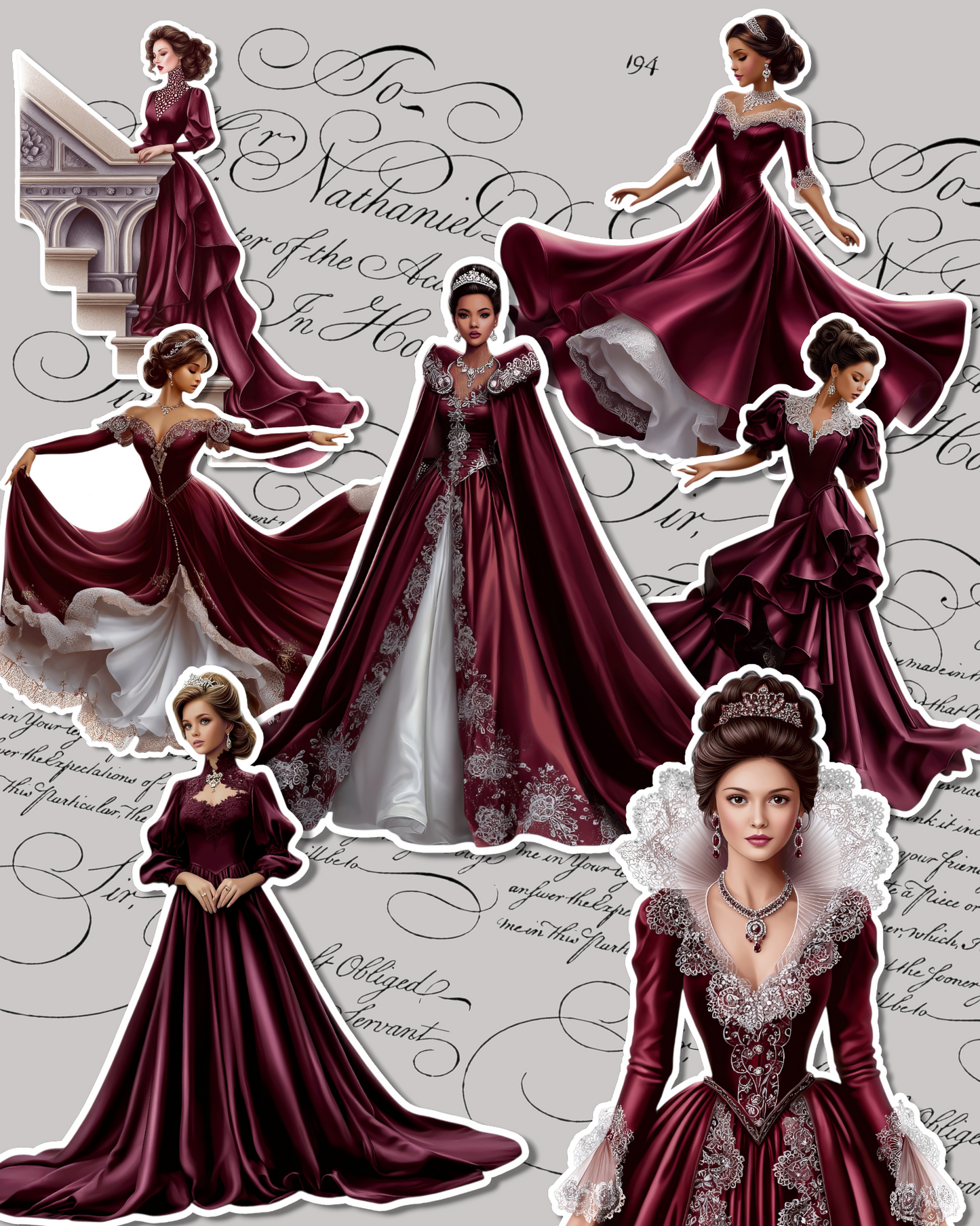 Set of Queens in Red wine royal dress for Journaling | Scrapbooking | Crafts |HandArts •