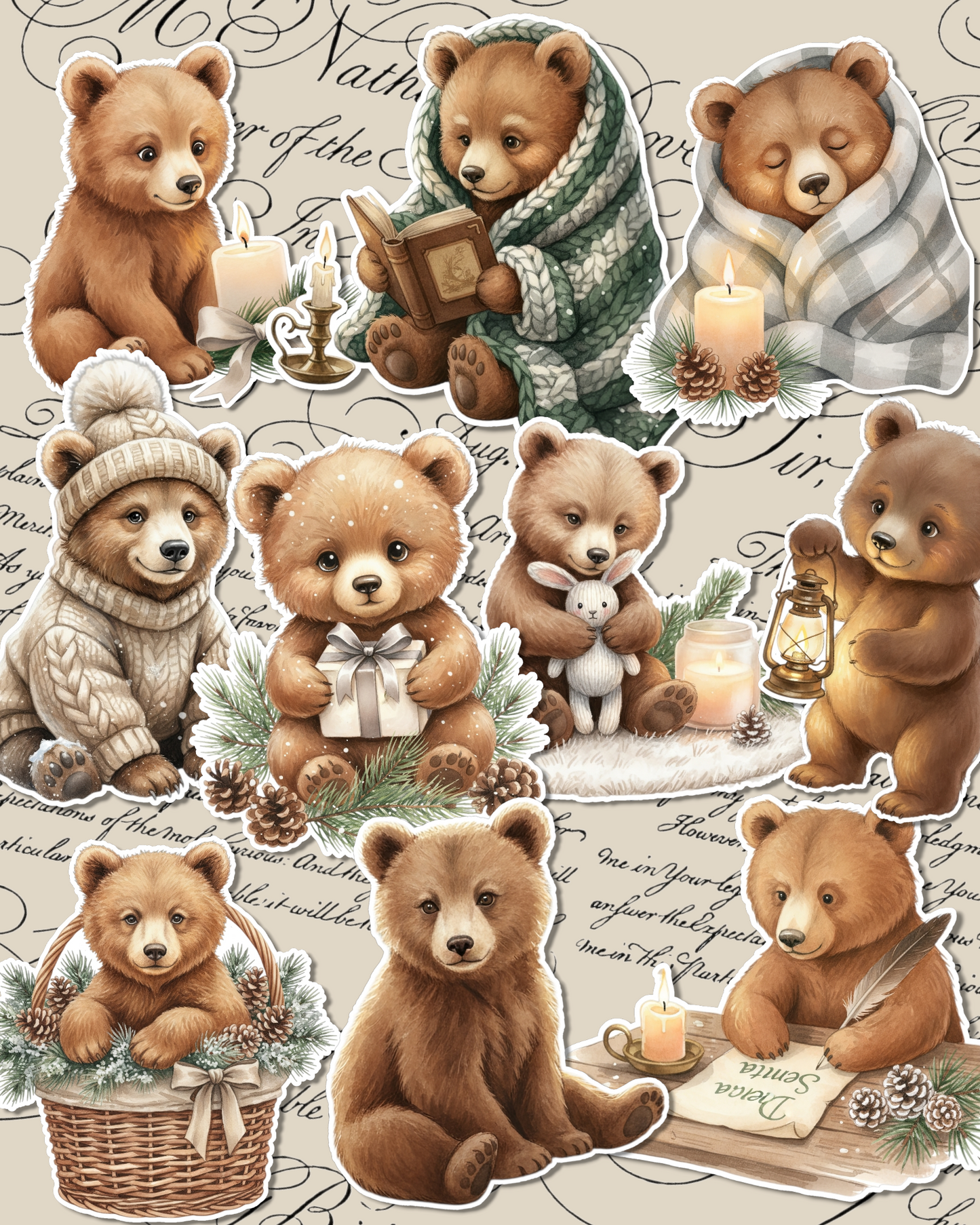 Set of joyful cute winter bears for journaling, Scrapbooking, Crafts,Hand Arts.