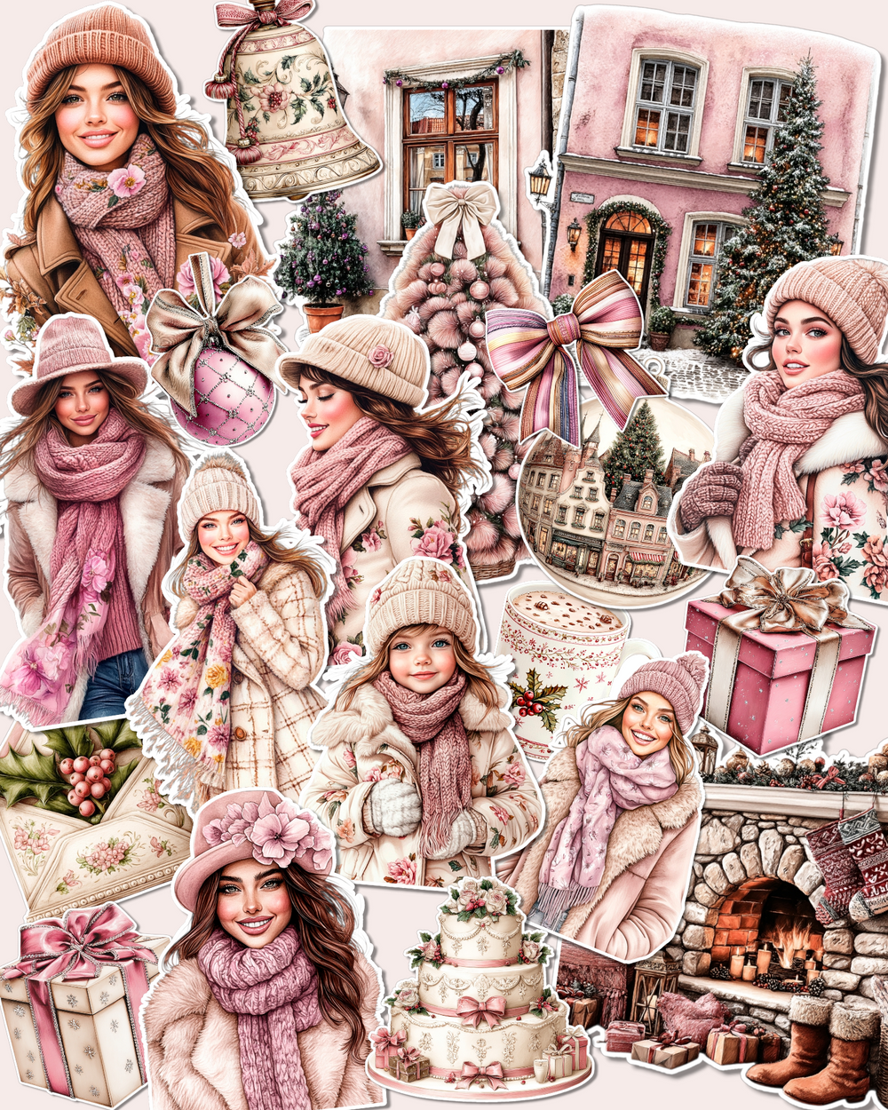 Lot of 17 cozy dusty pink Winter  for journaling| Scrapbooking | Crafts| Hand Arts •