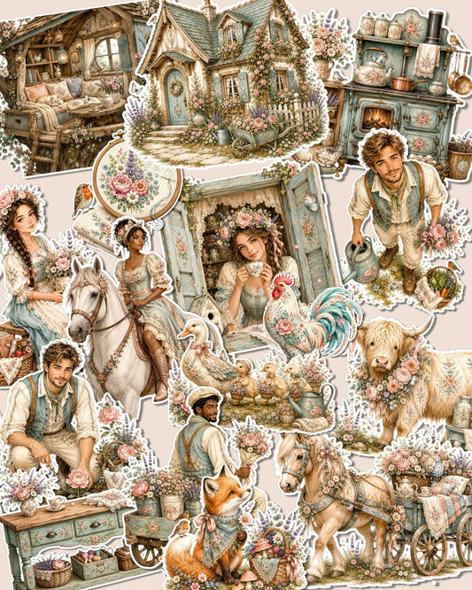 Set of 17 stickers dreamy cottagecore world with these beautifully illustrated vintage floral stickers for journaling| Scrapbooking |Crafts
