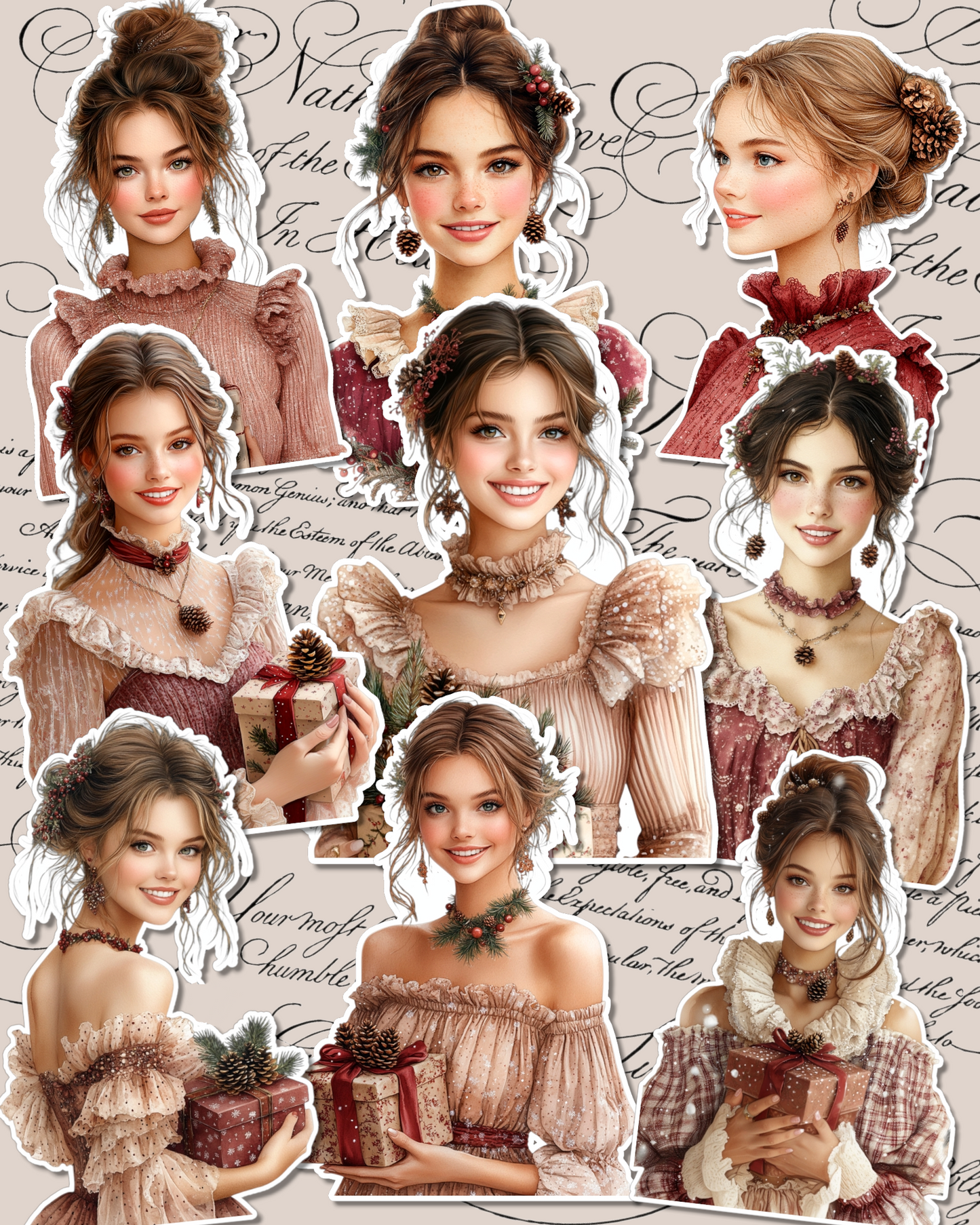 Set of cozy vintage Christmas Girls stickers for Journaling, Scrapbooking, Crafts,plannings.