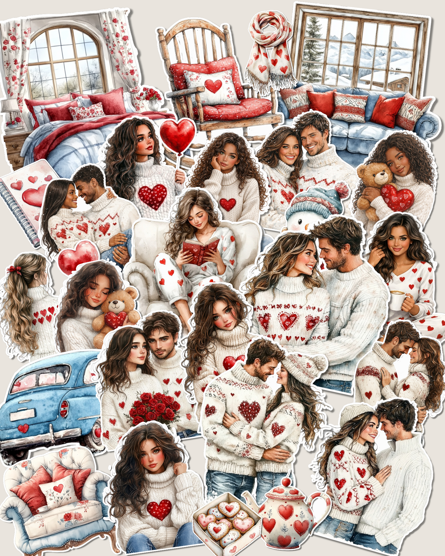Lot de 25 ou 17 0u 10 Stickers Cozy Valentin's Lovers for journaling , scrapbooking, Crafts, HandArts .