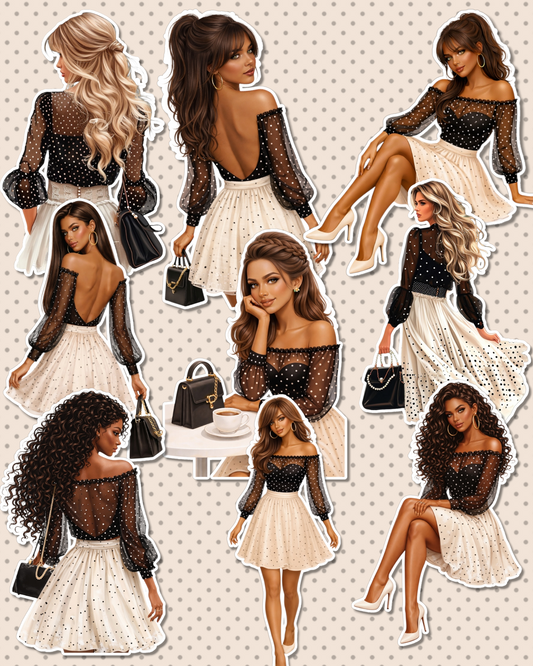 Set of 9 Elegant fashion girl stickers with chic outfits and timeless vibes, perfect for Journaling, scrapbooking, Crafts, HandArts.