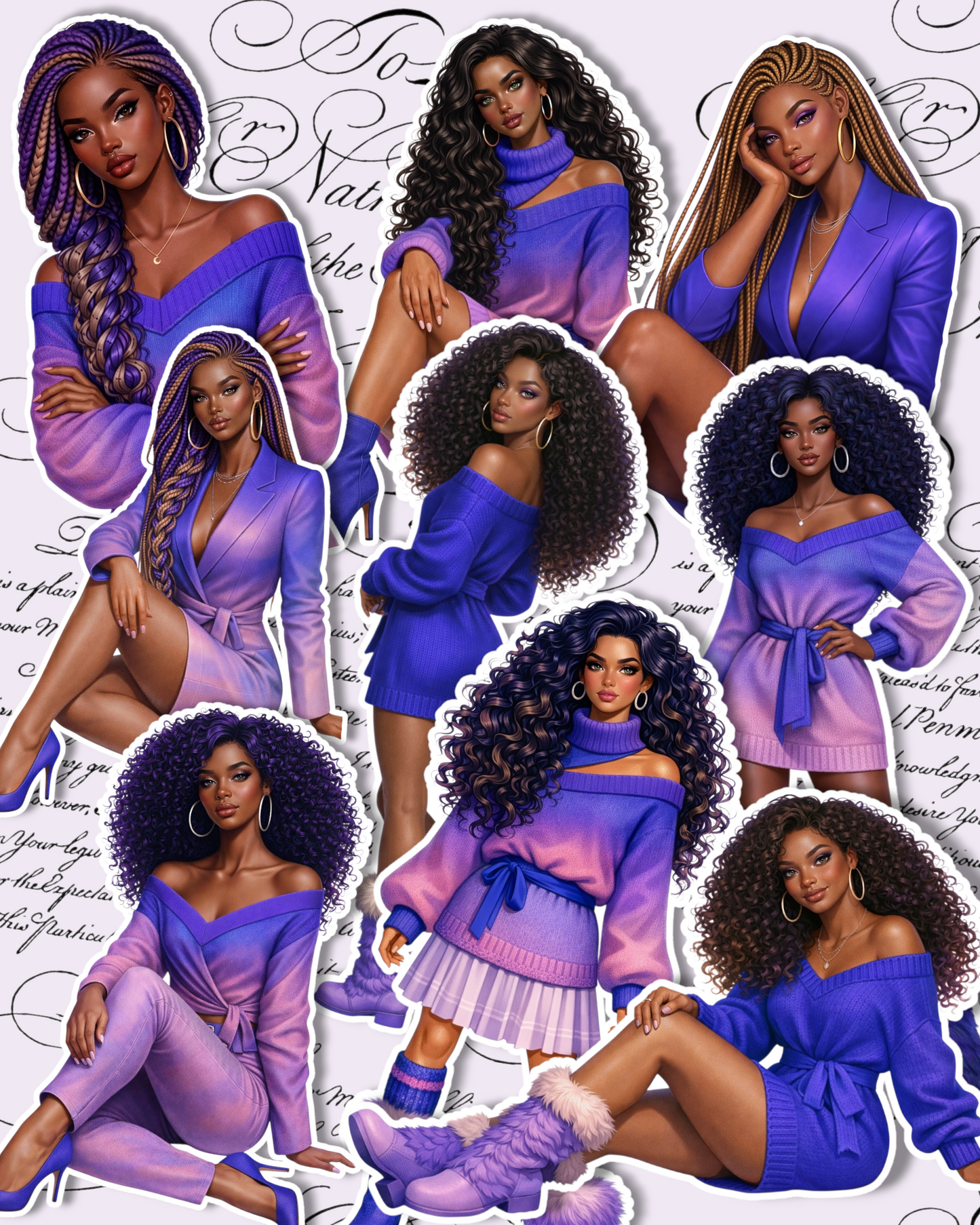 Set of 9 Stickers Elegant, empowering sticker collection featuring stylish women in dreamy purple tones for Journaling, scrapbooking, Crafts