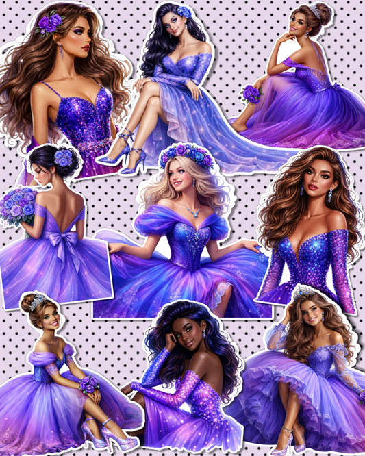 Lot of chic girl in purple rose  dress soiree for journaling , scrapbooking, Crafts, HandArts  .