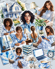 Lot de 17 baby blue morning reading morning stickers for journaling| Scrapbooking | Crafts| Hand Arts •