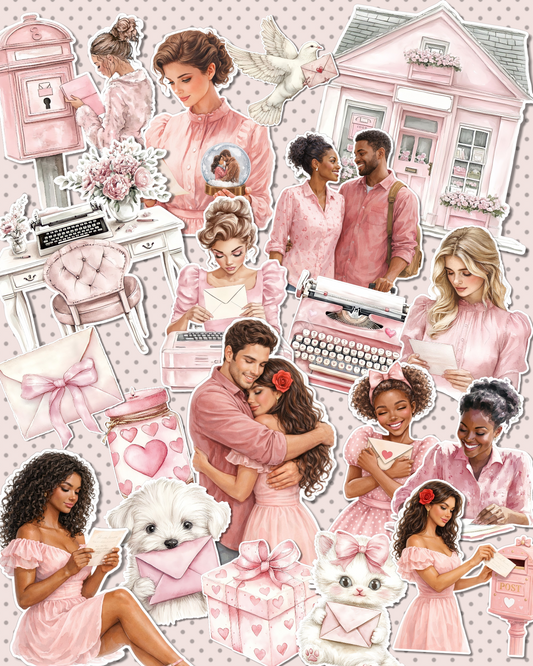 Lot de 17 pink valentine stickers for journaling| Scrapbooking | Crafts| Hand Arts •