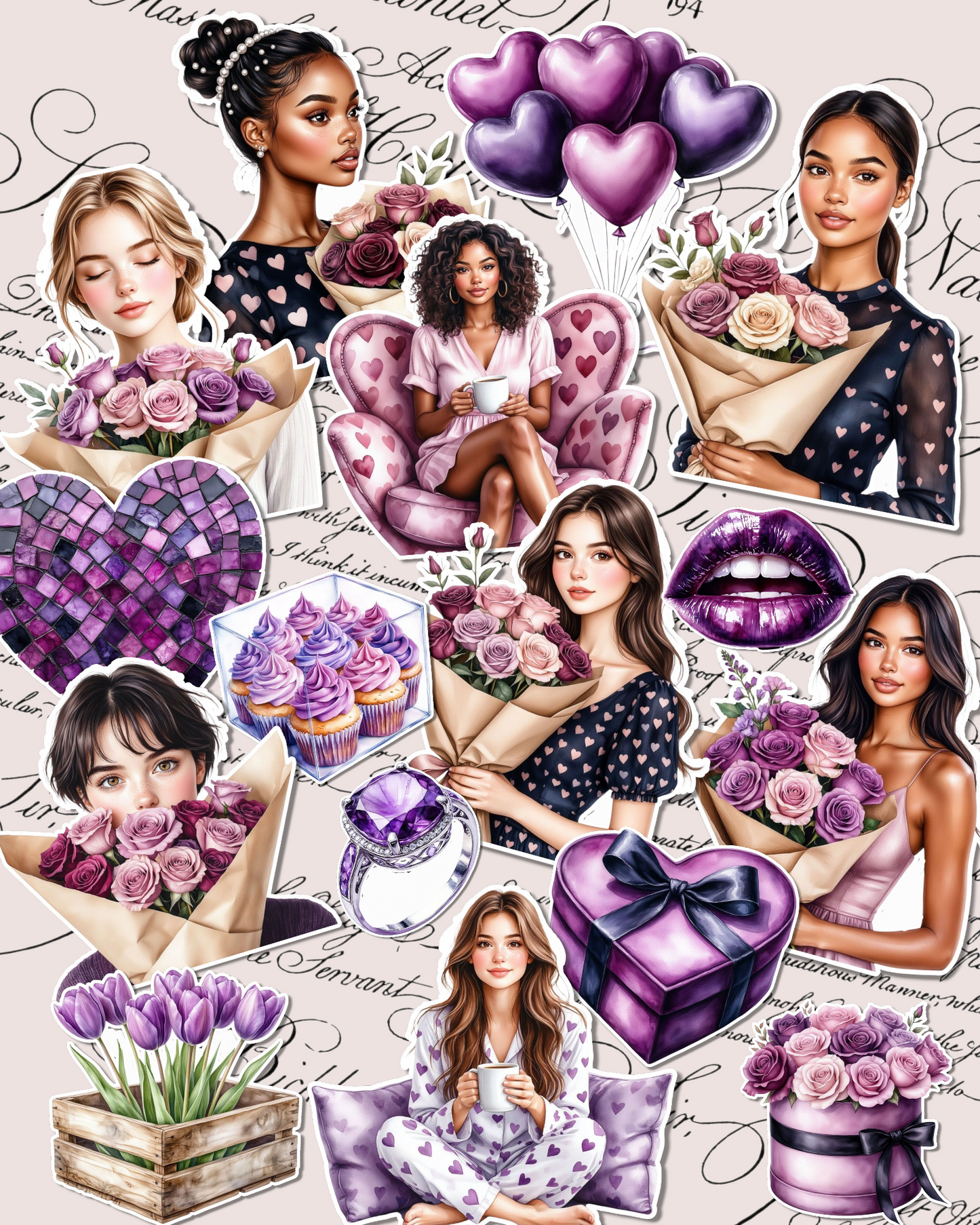 Lot de 17 Purple Aesthetic Classy Girl Stickers for Journaling | Scrapbooking | Crafts | Hand Arts