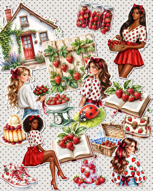 Lot de 17 Strawberry Cottagecore Classy Girl Stickers for Journaling | Scrapbooking | Crafts | Hand Arts