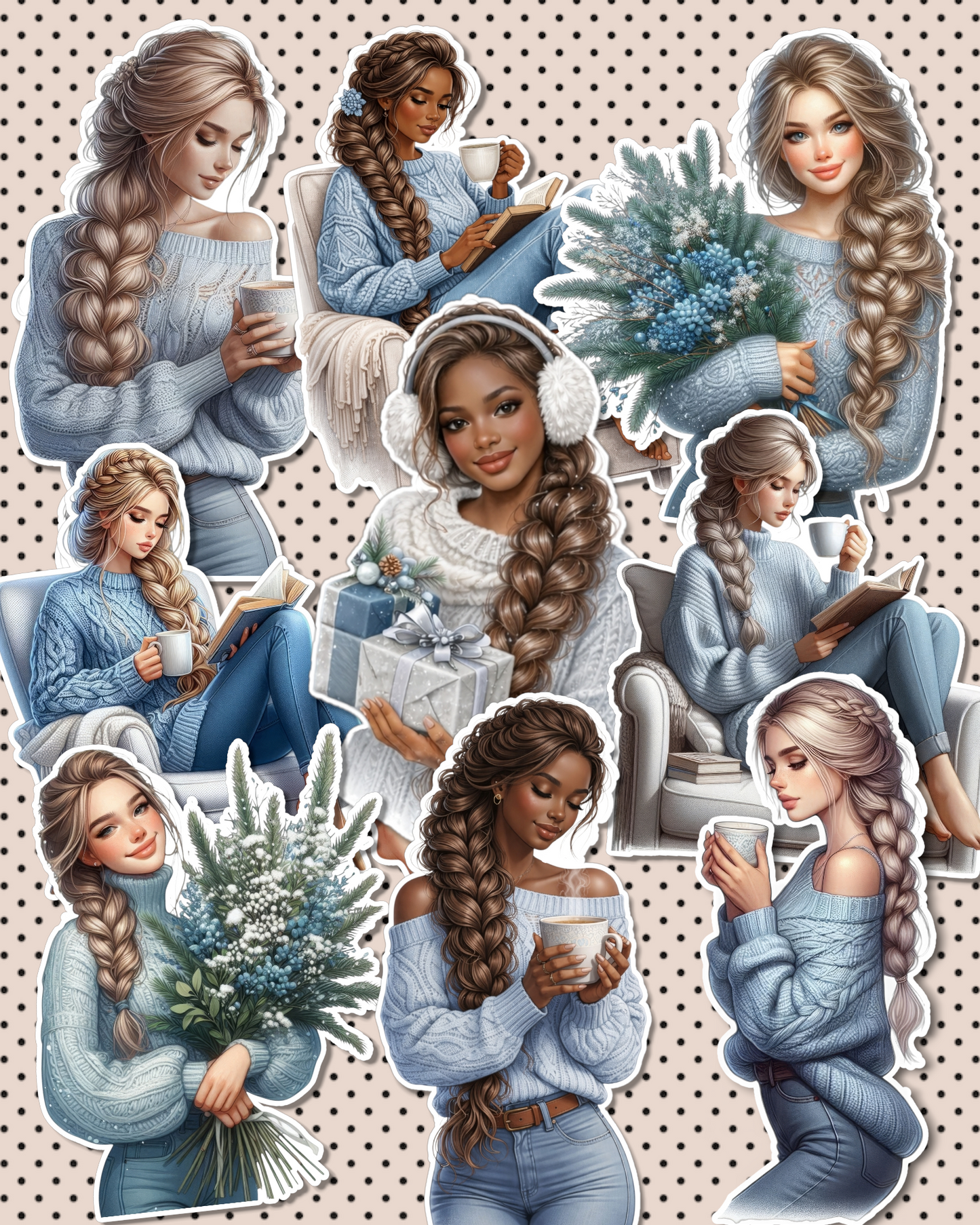 Cozy winter girl stickers in soft blue for journaling, Scrapbooking, Crafts, HandArts•