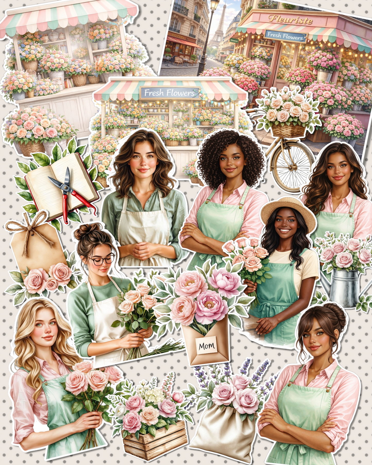 Lot of 17 beautiful collection of pastel floral and flower shop stickers, perfect  for journaling| Scrapbooking | Crafts| Hand Arts •