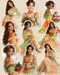 Elegant vintage girl stickers in soft pastel tones, perfect for journaling, planners, scrapbooks, and creative projects