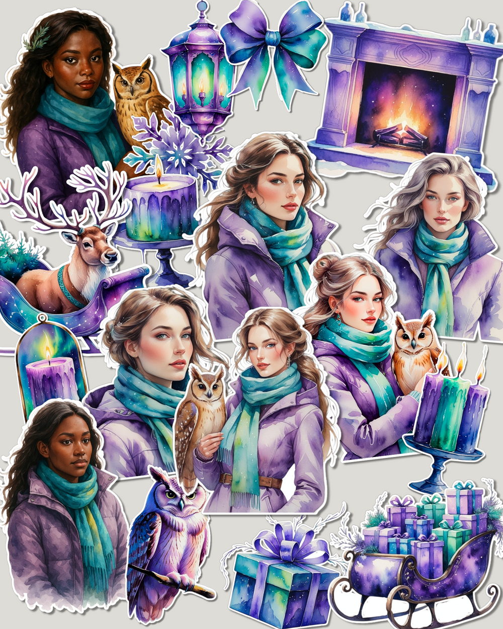 Lot de 17 Cozy winter stickers in dreamy purple, teal, and blue tones ,magical girls  for journaling| Scrapbooking | Crafts| Hand Arts •