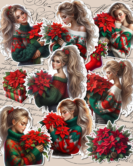 Lot of Cozy Christmas girls in warm red, green & cream tones for journaling, Scrapbooking, Crafts, HandArts•