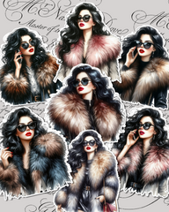 Lot of Glam Winter girls in luxurious fur coats, with chic neutral tones perfect for journaling, scrapbooking, crafts & hand arts