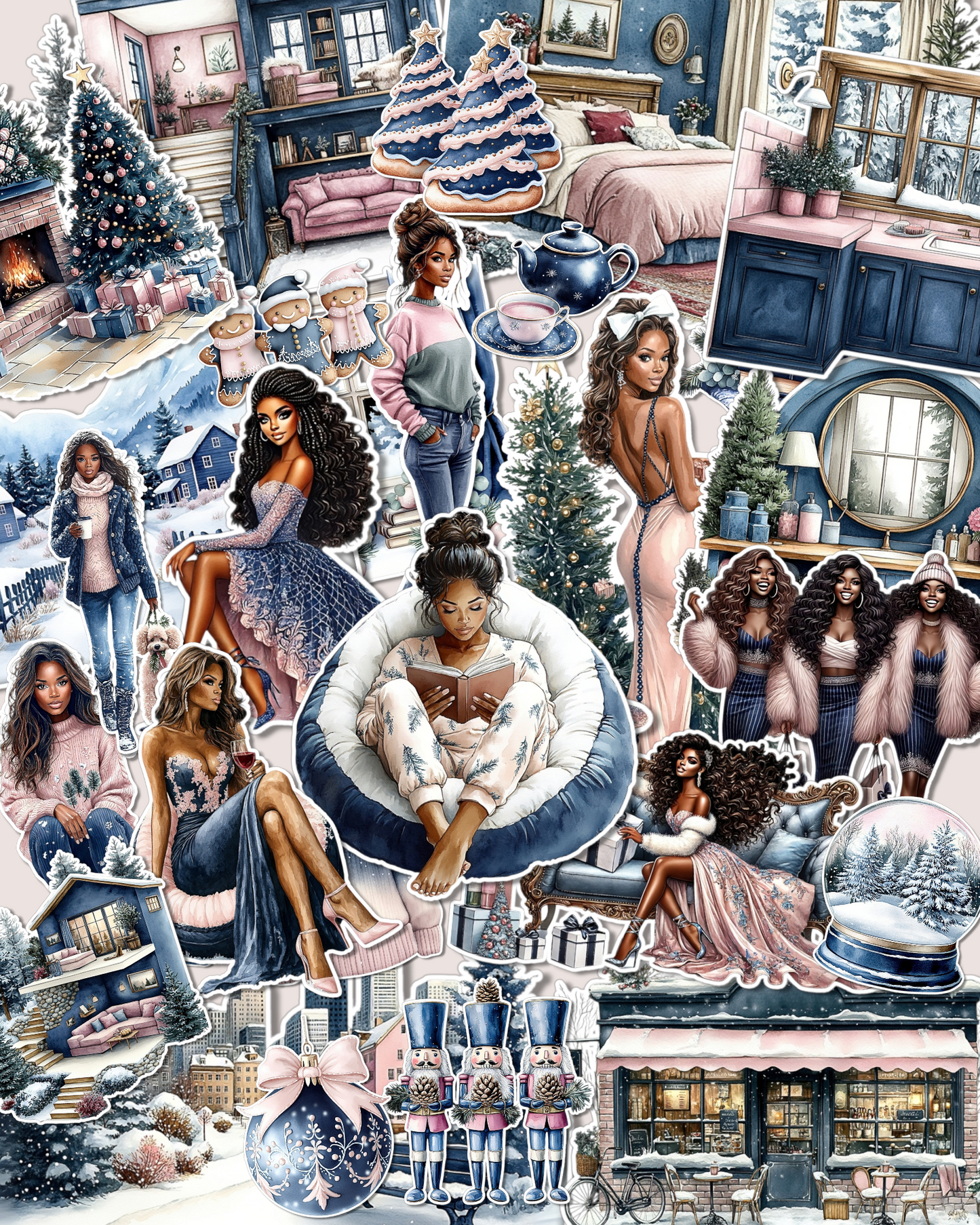 Elegant Christmas stickers in soft blue, blush pink, navy, and snowy white tones cozy winter scenes for journaling| Scrapbooking | Crafts| HandArts Fabrication