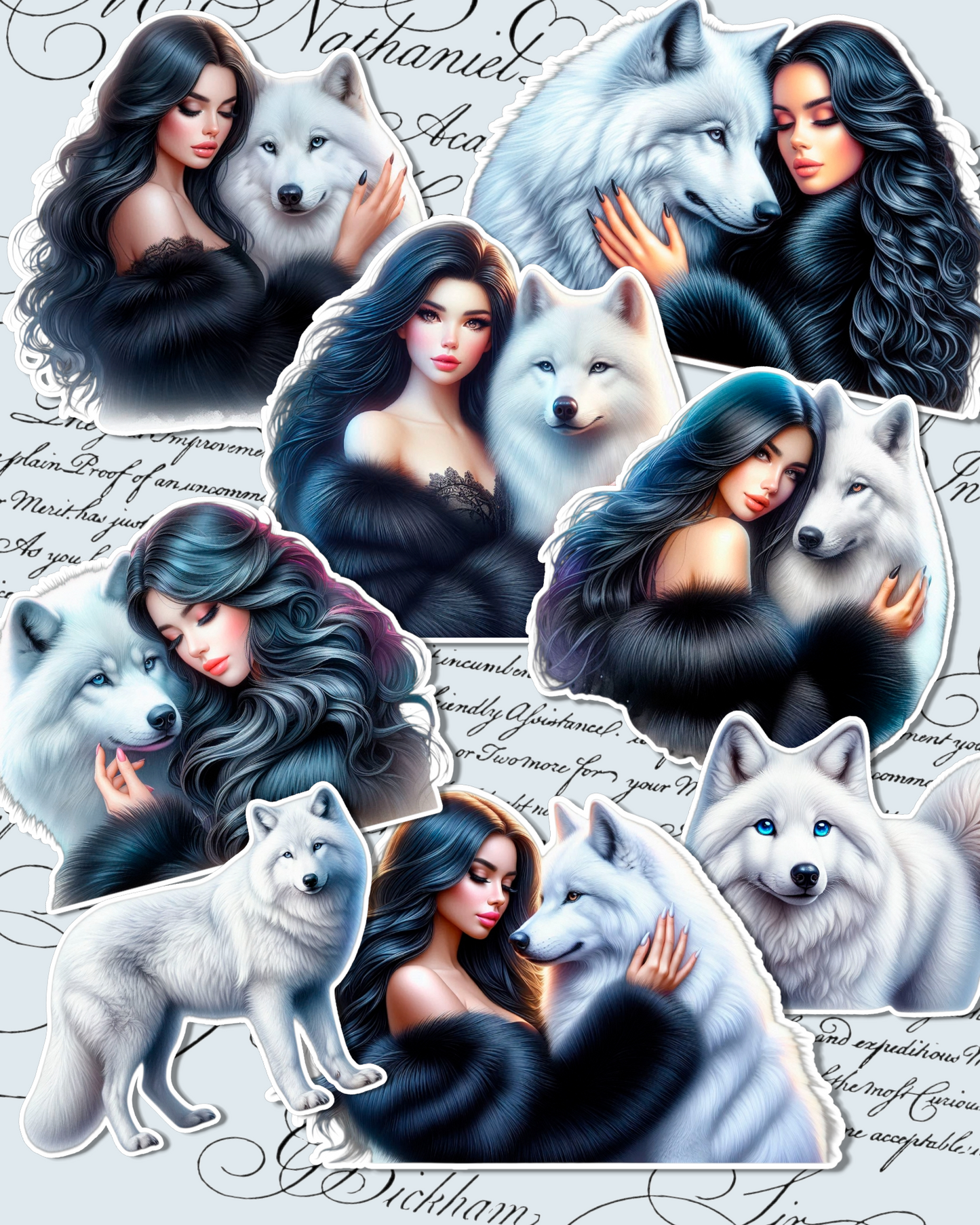 Lot of Elegant girls in black fur with white wolves for journaling, Scrapbooking, Crafts, HandArts.