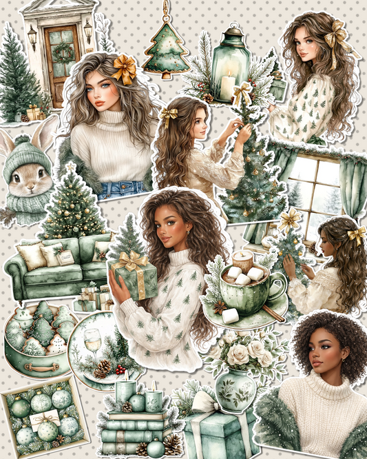 Cozy festive stickers in sage green, warm beige, and gold tones,elegant girls infestive décor for journaling, Scrapbooking, Crafts Handmade