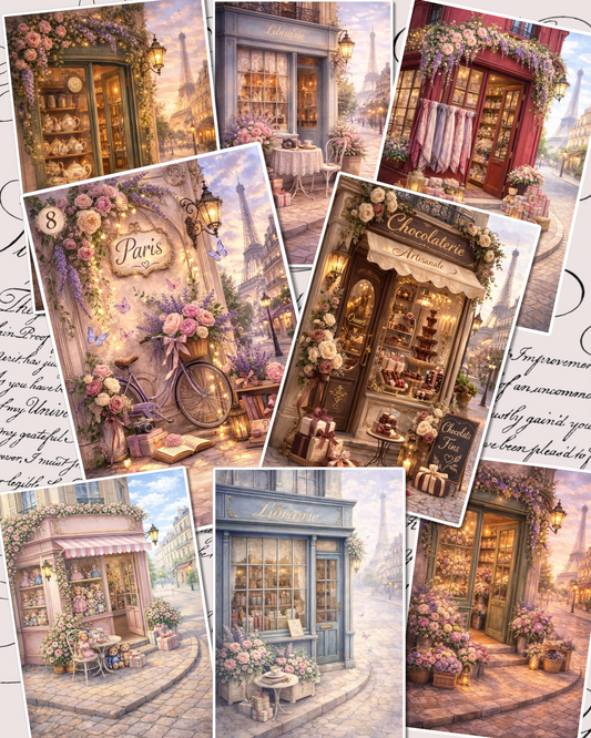 Set of photos Stickers of beautiful Paris Shops views for journaling , scrapbooking, Crafts, HandArts.