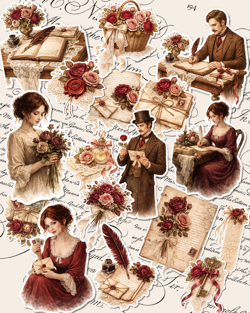 Set of 17 vintage burghandy beige lace dentelle vibes stickers – for journaling | Scrapbooking | Crafts | Hand Arts •