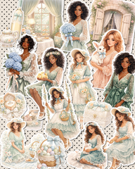 Set of 17 Delicate vintage-style stickers filled with soft florals, lace dresses, and dreamy spring elegance for journaling | Scrapbooking