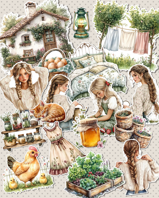 Set of 17 Charming cottagecore stickers with vintage details and cozy countryside vibes  perfect for journaling, le scrapbooking, Crafts,