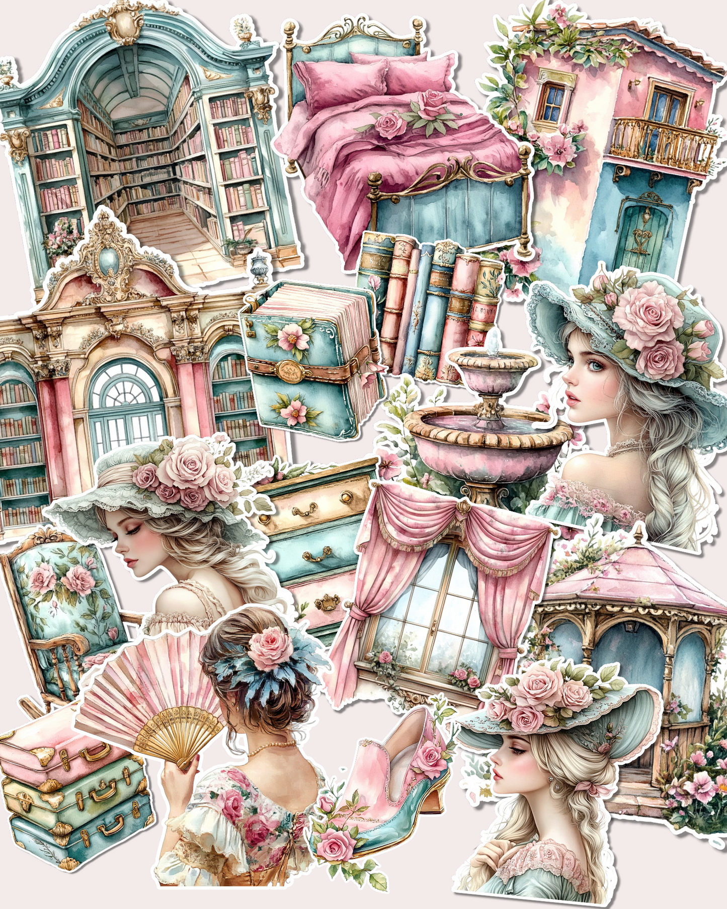 Set of 17 Romantic vintage stickers filled with soft roses, elegant girls, cozy books, and dreamy pastel scenes ,perfect for journaling, scrapbooking, crafts, and hand arts.