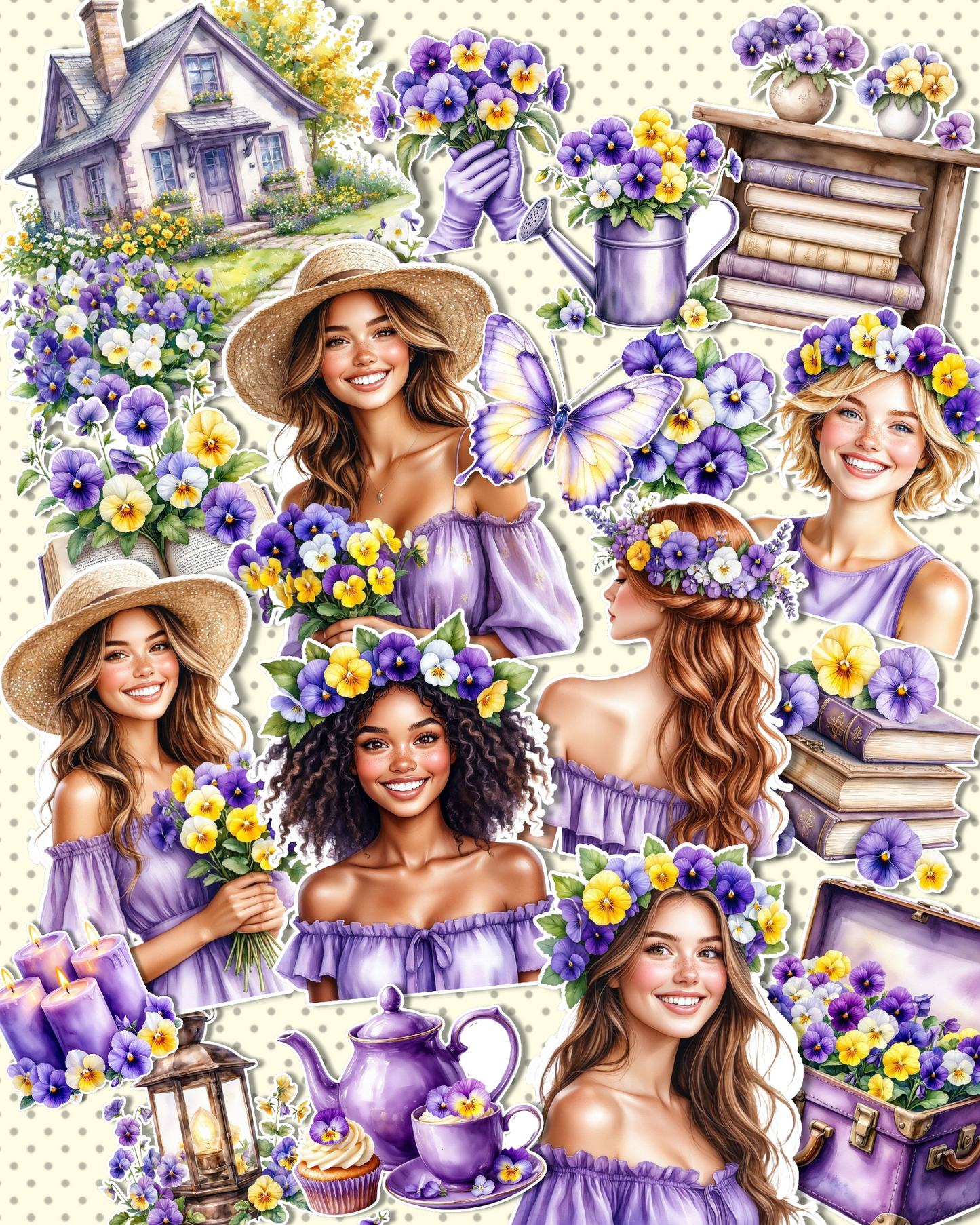 Lot of 17 of Beautiful spring inspired girl stickers in yellow purple tones perfect for journaling, scrapbooking, planners, and creations