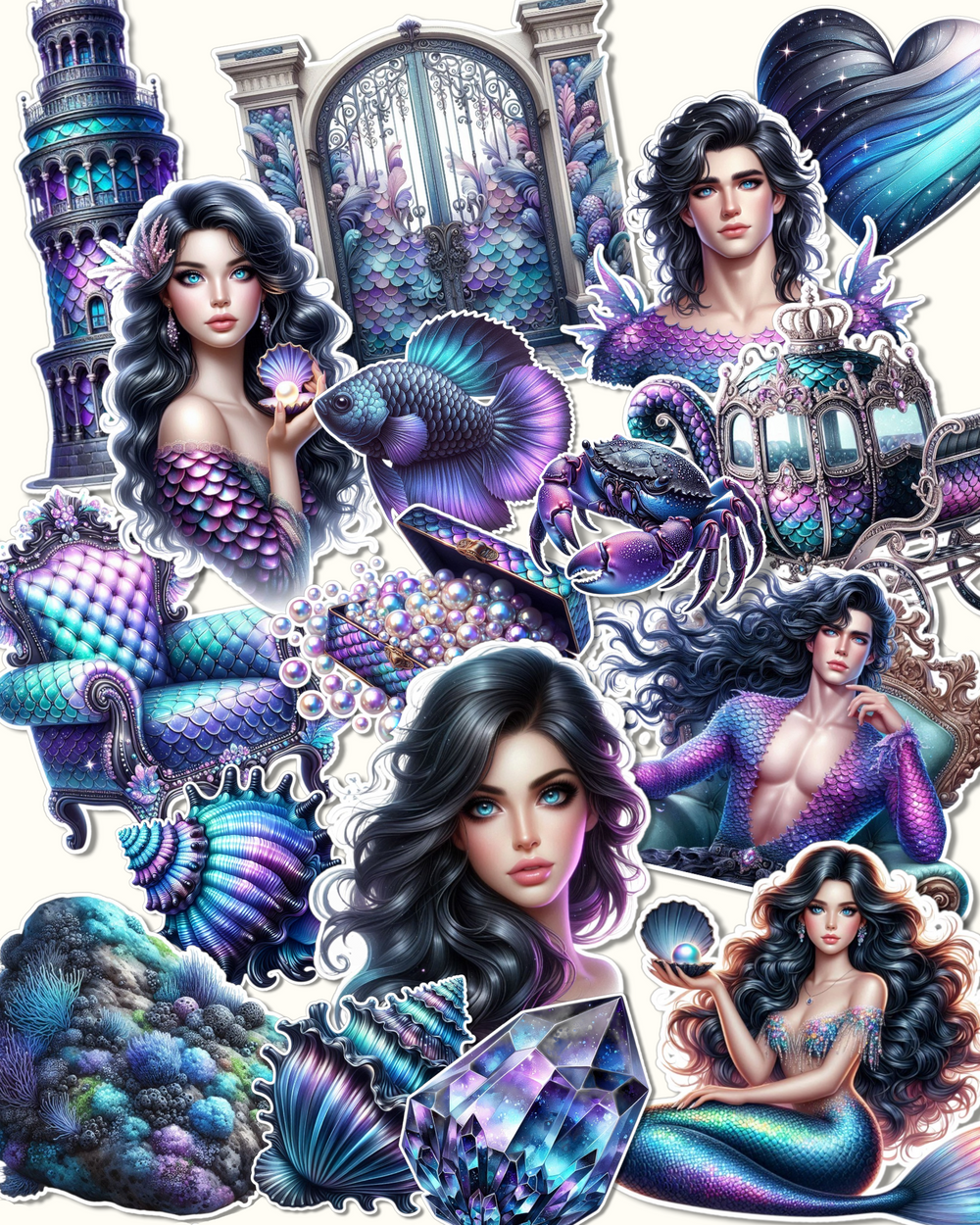Lot de 17 magical mermaid world a stunning collection of dreamy, ocean-inspired stickers perfect journaling| Scrapbooking | Crafts| Handarts