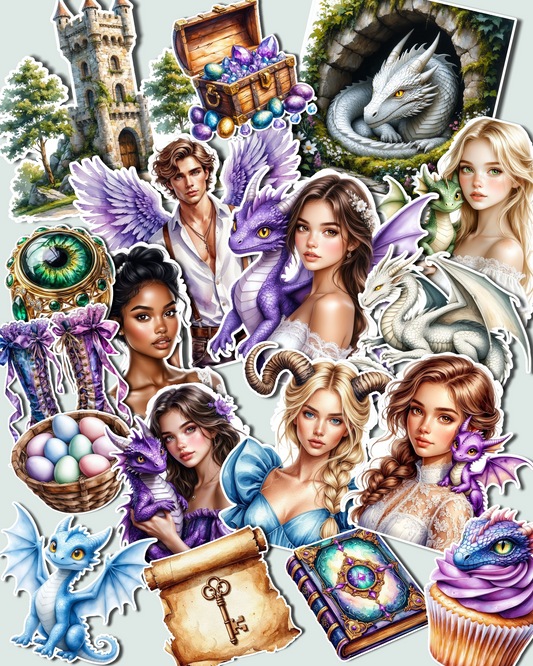 Set of 17 Magical fantasy sticker collection featuring dragons, castles, enchanted characters, and mystical treasures perfect for journaling, scrapbooking, and creative projects.