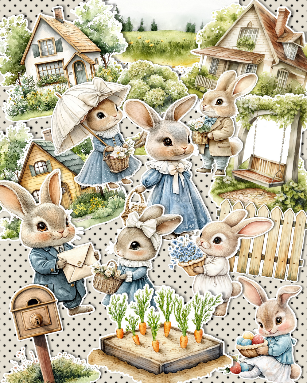 Lot of 17 cute rabbits spring for journaling, Scrapbooking, Crafts, HandArts