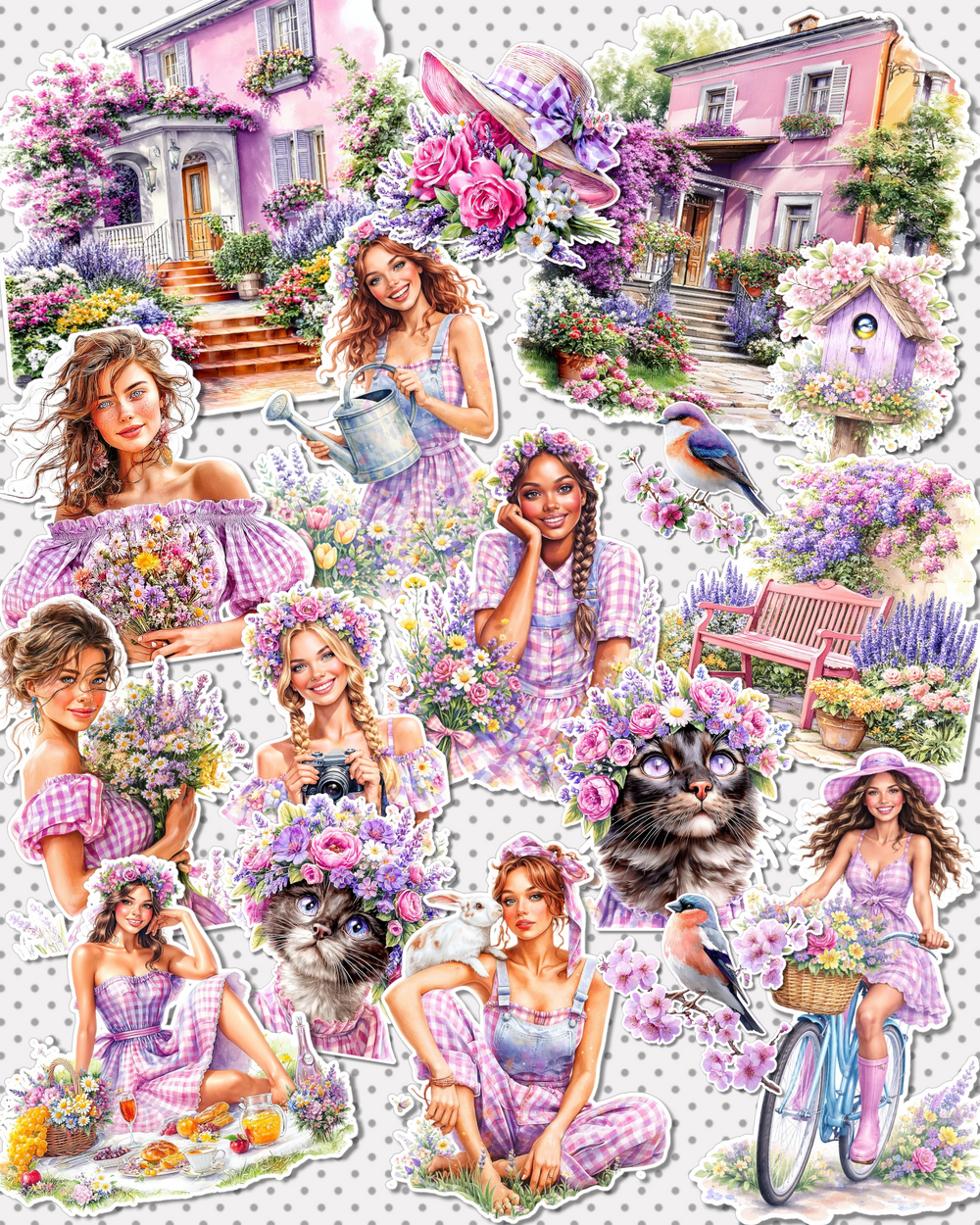 Lot of 17 Soft pink & lavender floral stickers  for journaling, Scrapbooking, Crafts, Hand Arts