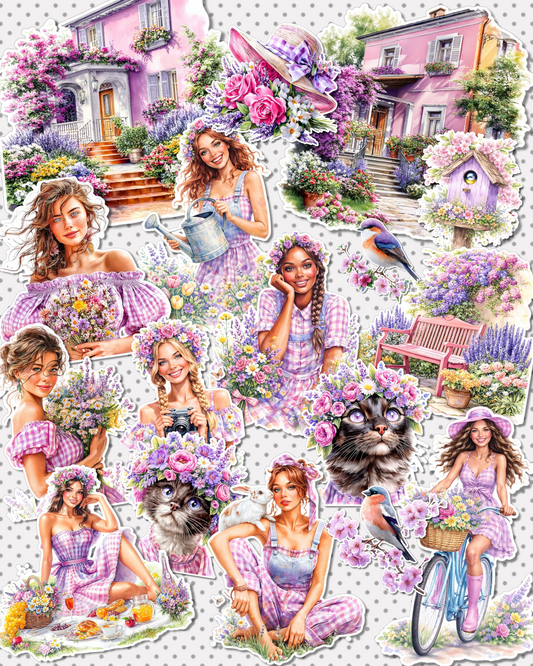 Lot of 17 Soft pink & lavender floral stickers  for journaling, Scrapbooking, Crafts, Hand Arts