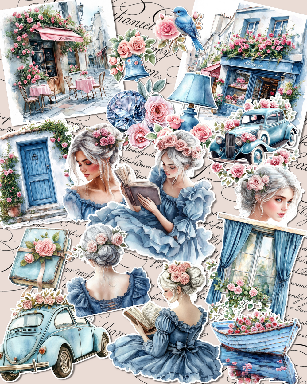 Lot de 17 stickers blue rose spring for journaling| Scrapbooking | Crafts| Hand Arts •