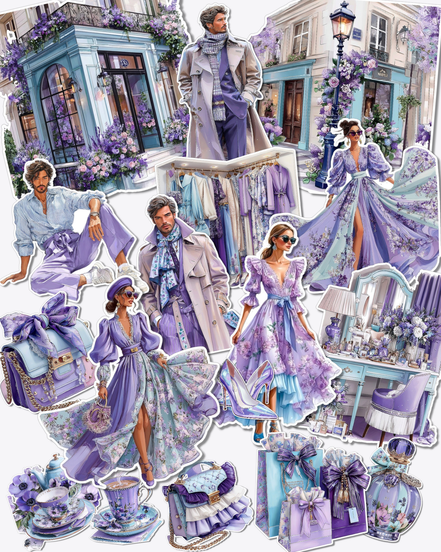 Lot of 17 stickers lavender Spring fashion Paris  for journaling| Scrapbooking | Crafts| Hand Arts •