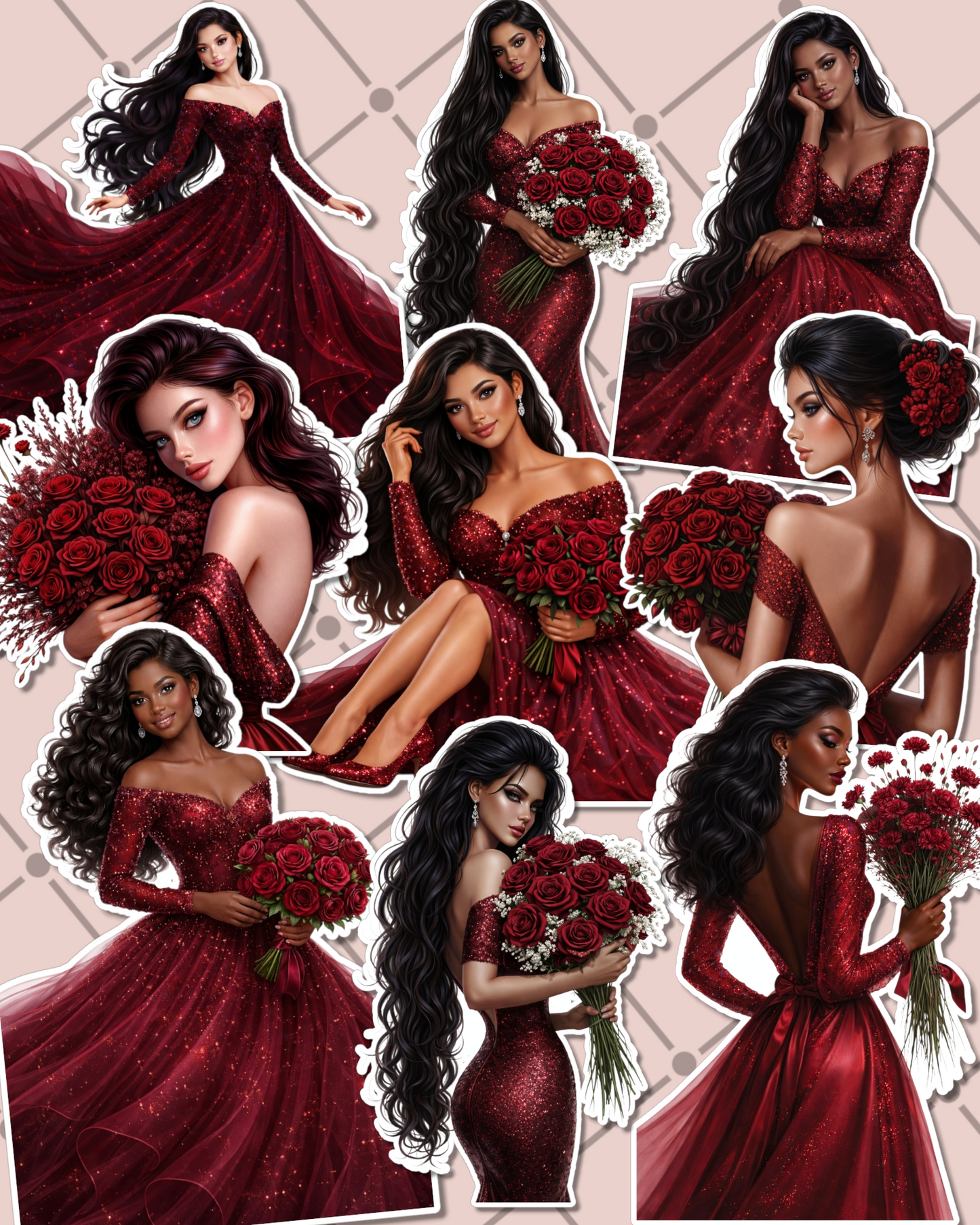 Lot of chic girl in red wine dress soiree for journaling , scrapbooking, Crafts, HandArts  .