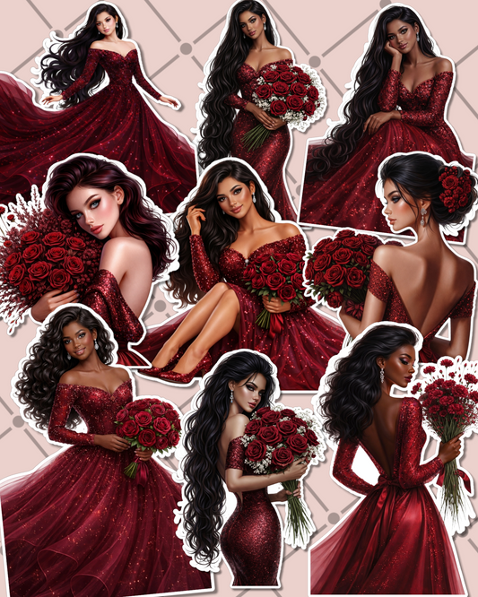 Lot of chic girl in red wine dress soiree for journaling , scrapbooking, Crafts, HandArts  .