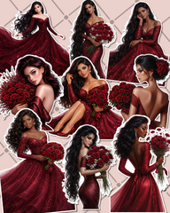 Lot of chic girl in red wine dress soiree for journaling , scrapbooking, Crafts, HandArts  .