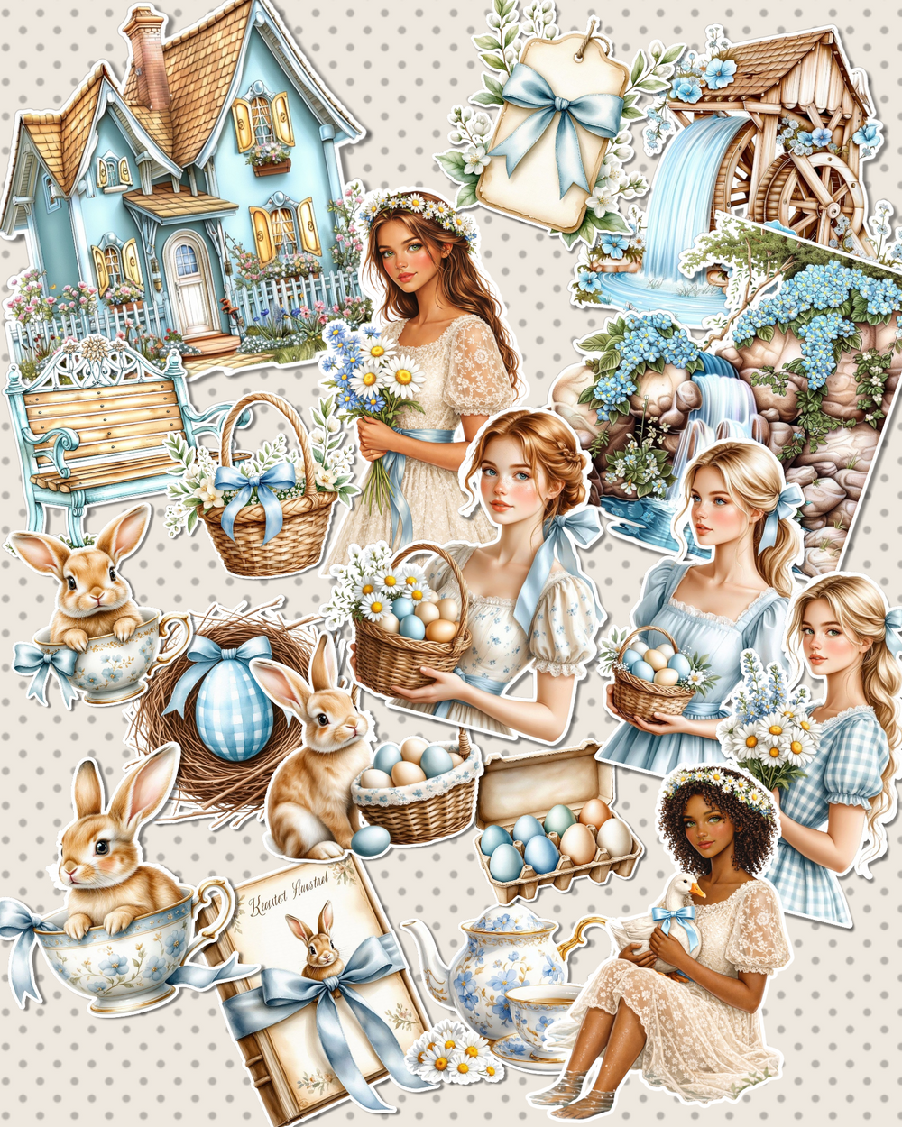 Lot de 17 stickers sky blue cottage country side for journaling| Scrapbooking | Crafts| Hand Arts •