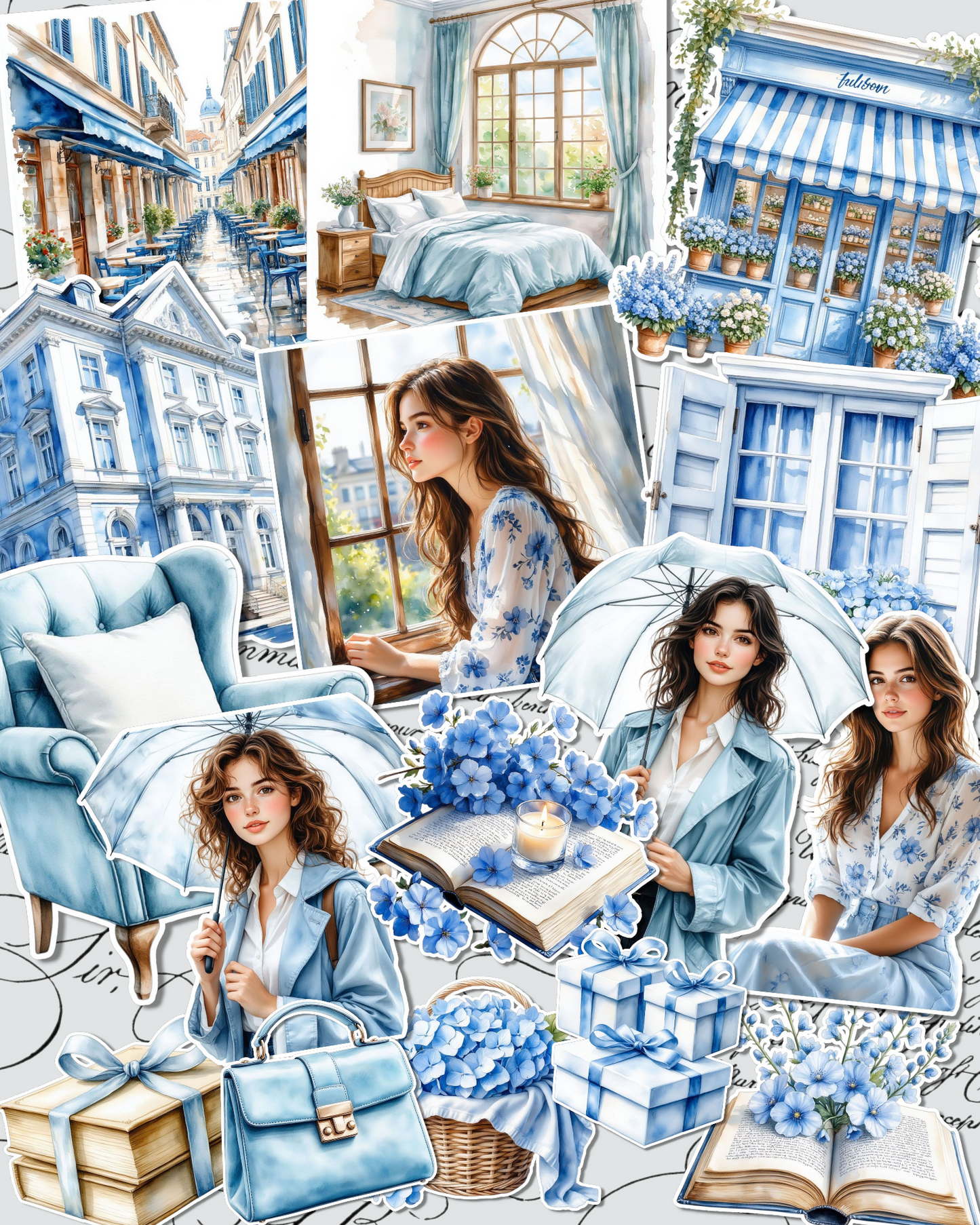 Lot de 17 Soft and delicate sky-blue winter vibes  stickers  for journaling| Scrapbooking | Crafts| Hand Arts •