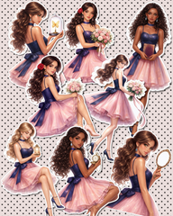 Set of Elegant Pink night Blue  girl stickers with dreamy dresses and elegance vibes  perfect for Journaling, scrapbooking, Crafts,Hand Art