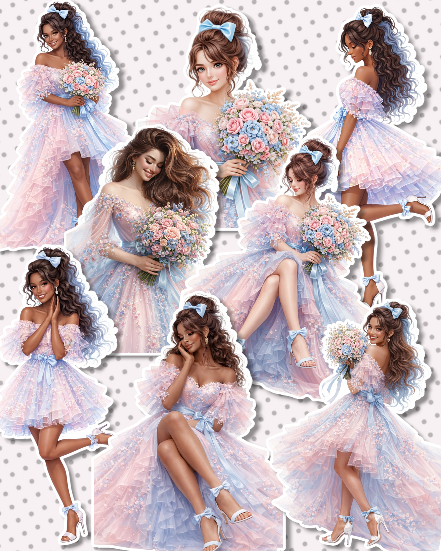 Set of 9 Elegant pastel fashion girl stickers with dreamy dresses and floral vibes  perfect for Journaling, scrapbooking, Crafts, Hand Arts