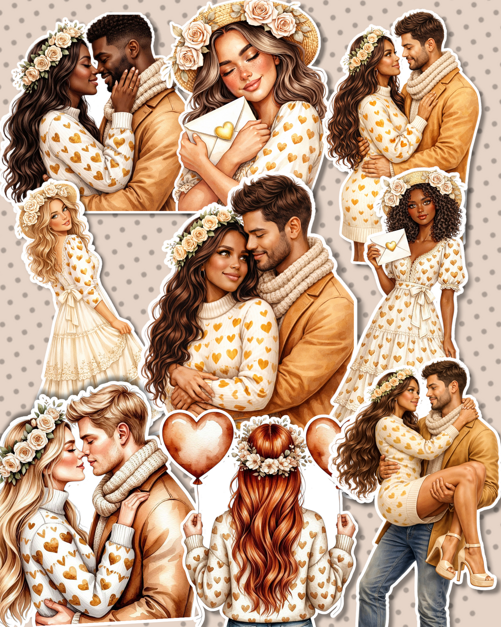 Set of 9 Romantic valentine cozy-vibes couple stickers for Journaling, scrapbooking, Crafts, HandArts.