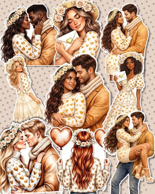 Set of 9 Romantic valentine cozy-vibes couple stickers for Journaling, scrapbooking, Crafts, HandArts.